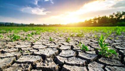Cracked earth, young sprouts, sunset