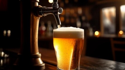 Beer being poured from a tap into a glass, capturing the foamy head and golden liquid in a realistic close-up shot, perfect for beer day