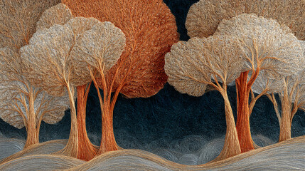 Gold-thread trees, metallic texture, surreal realism