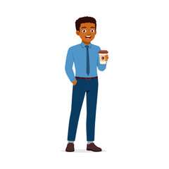 African American man holding coffee cup with happy expression, businessman cartoon in blue shirt