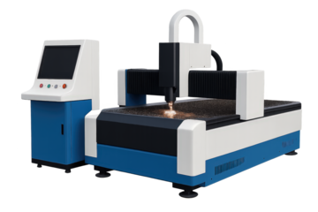 A modern laser cutting machine in a manufacturing facility, showcasing advanced technology and precision engineering.