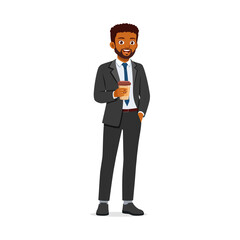 African American businessman in suit holding coffee cup standing smiling. Corporate Professional