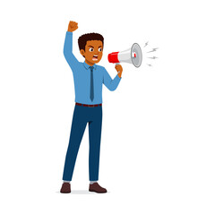 Fototapeta premium African American man protesting holding a megaphone and raising his fist up