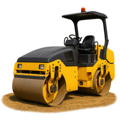 A modern yellow road roller ready for construction, showcasing its robust design and functionality in an outdoor setting.