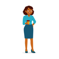 African American woman smiling holding coffee cup wearing formal suit illustration