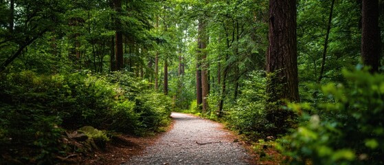 Obraz premium The Tranquil Forest Path Leading Through Lush Greenery and Trees