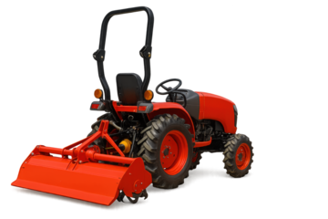 A powerful red tractor ready for agricultural work, showcasing its rugged design and durability in farming environments.