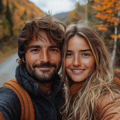 Fototapeta premium Couple taking multiple selfies together.