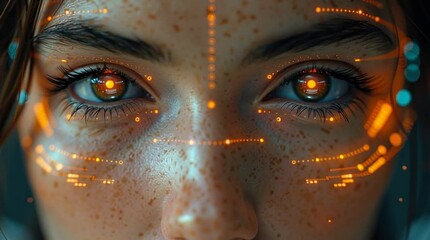 A close-up of a face with glowing orange digital patterns and lights overlaid on the skin and eyes, suggesting advanced technology, AI, biometric scanning, fusion of humanity and digital innovation. - Powered by Adobe