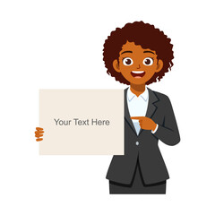 African American Businesswoman Holding Blank Sign and Pointing with a Smile, Corporate Style