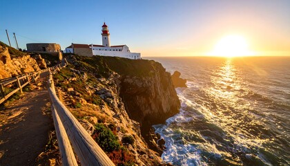 Lighthouse at Cliff Edge with Ocean Waves During Sunset