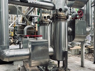 old car engine. Industrial stainless steel pipeline system with valves, gauges, and processing...