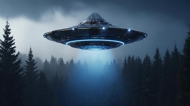A metallic triangular unidentified flying object is seen hovering motionless above a forest clearing at night