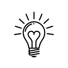 Lightbulb Heart Idea: A simple line drawing of a lightbulb with a heart shape inside, radiating light rays. Symbolizing innovative, loving ideas.