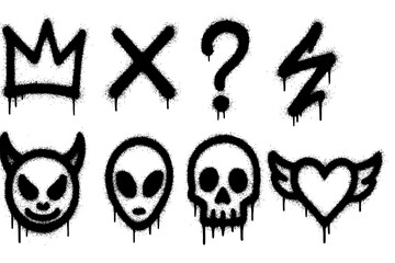 Collection of black graffiti style silhouettes including crowns a devil face crossed out eyes smiley question mark lightning bolts skull and winged heart isolated on transparent background silhouette
