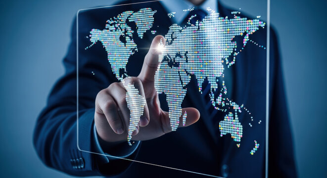 Global Business Technology: Man Interacting with Digital World Map on Screen, Representing International Connections and Modern Communication Network