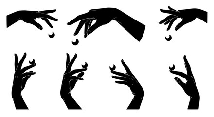 Hands's artful dance with spherical precision: A collection of hands, cloaked in deep shadows, engage in an elegant ballet with spherical objects.