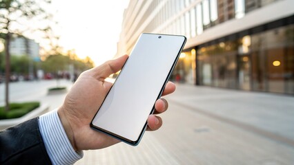 Hand Holding Smartphone with Blank Screen Outdoors