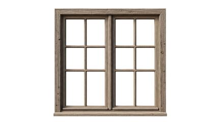 Weathered wooden window frame stands empty