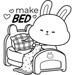 a vector of a cute rabbit making bed in the morning in black and white coloring