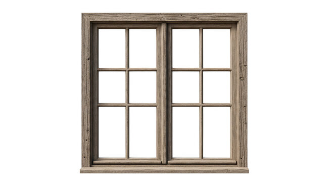 Weathered wooden window frame stands empty