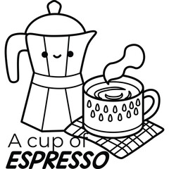 a cute cup of coffee and kettle in black and white coloring