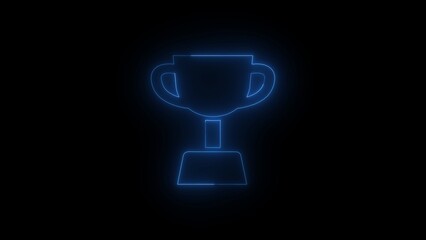 Blue Neon Trophy Silhouette on Black Background Award and Achievement Concept