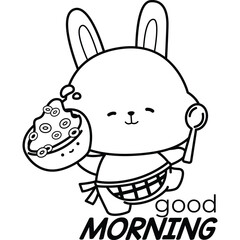 a vector of a rabbit with cereal bowl in black and white coloring