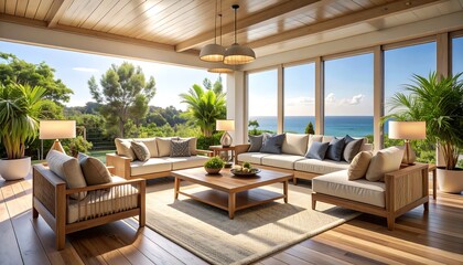 Fototapeta premium Living Room Coastal Style with Ocean View and Natural Light