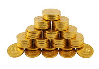 A stack of chocolate coins for hanukkah isolated on transparent background