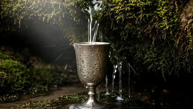 Silver goblet filling with spring water in lush moss, representing purity, nature's bounty. Use for wellness ads, spiritual retreats, environmental themes, or fantasy concepts.