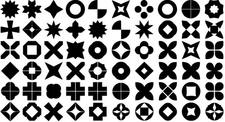 Geometric Composition: An array of diverse, minimalistic geometric shapes in solid black, offering versatility for various design purposes, conveying a sense of order and symmetry.