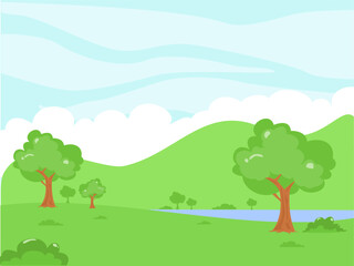 Fototapeta premium Summer landscape illlustration. Panoramic view with tree, bush, mountain and lake