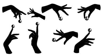 Hands's artful dance with spherical precision: A collection of hands, cloaked in deep shadows, engage in an elegant ballet with spherical objects.