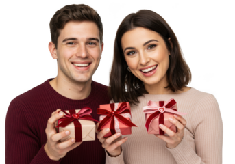 A happy couple is holding christmas gifts isolated on transparent background
