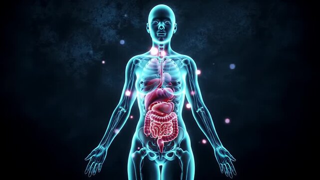 Full Body Anatomical Depiction of a Glowing Female Figure Showcasing Internal Organs with Futuristic Digital Style on Dark Background