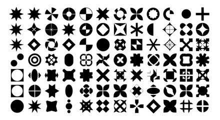 Assortment of Geometric Icons: A comprehensive collection of minimalist, black and white geometric shapes and icons for design and illustrative use. 