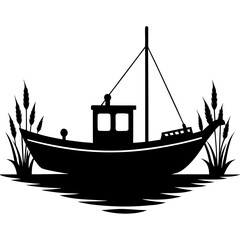 Fishing Boat Silhouette on Lake