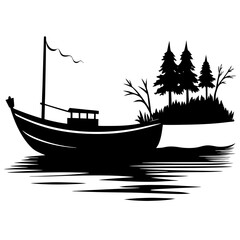 Fishing Boat Silhouette on Lake