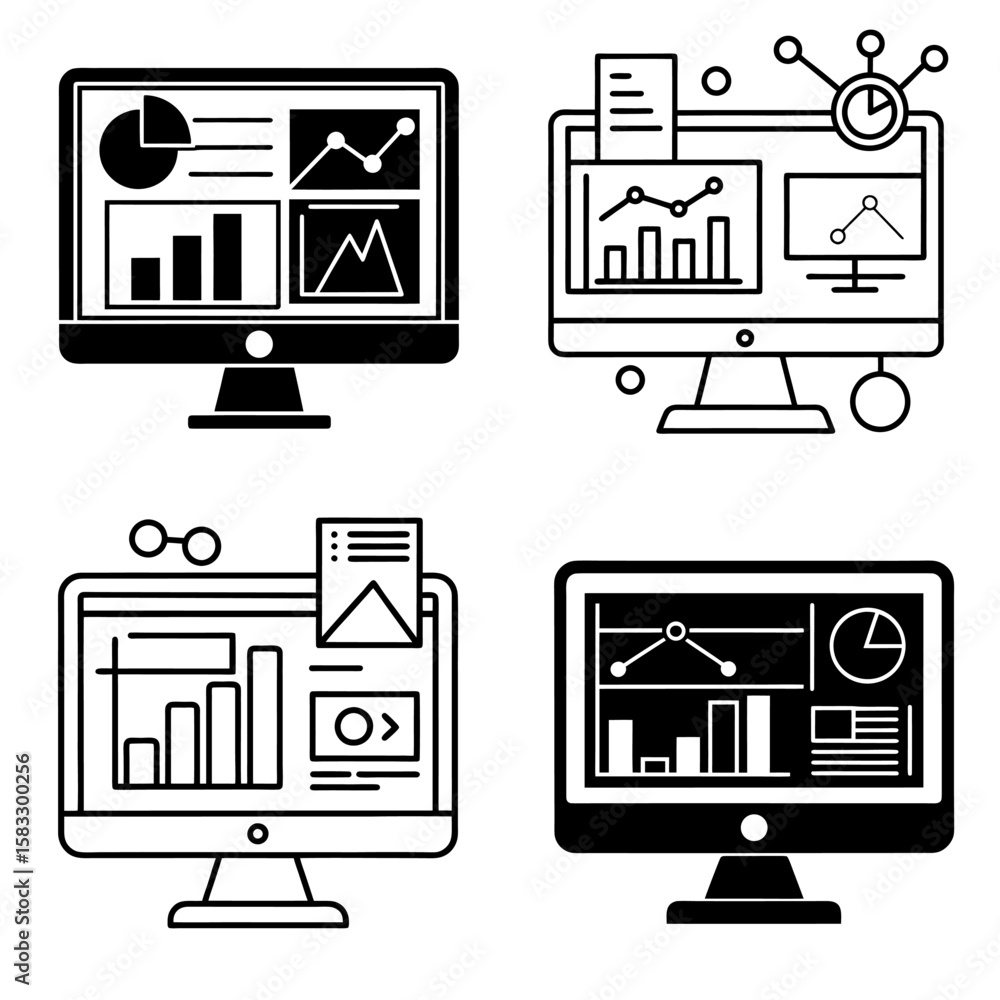 Fototapete Set of 4 outline web desktop computer icons. Vector icons marketing analytics. Internet computer icon set