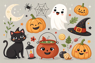 Cute halloween characters and symbols isolated on transparent background