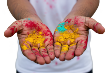 Hands holding colorful powder during holi festival isolated on transparent background