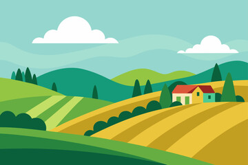 Fototapeta premium distant view of village on rolling farmland hill