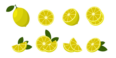 Set of fresh lemon icons — whole, sliced, halved, wedges, with leaves. Perfect for citrus designs, recipes, and food-related visuals.