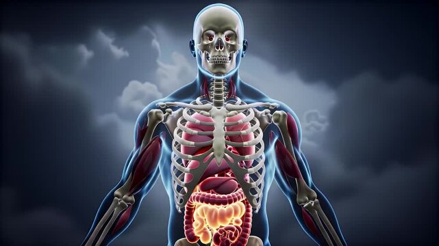 Stylized Human Anatomy Model Showing Skeleton Internal Organs and Muscular System with a Dark Cloudy Sky Background for Medical Education