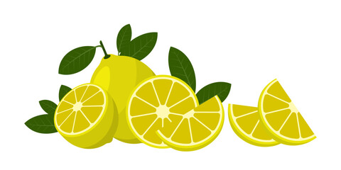 Whole and sliced lemons with green leaves on white background — fresh citrus composition perfect for culinary and health-related concepts.