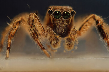 Extreme macro of a jumping spider (Salticidae) at 5:1 magnification, showing detailed eyes and...