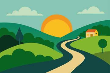 Obraz premium quiet village road winding through green hills