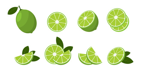 Fresh lime in whole, sliced, halved, and wedge forms with leaves, ideal for citrus, food, or summer-themed designs. Vibrant and minimal.