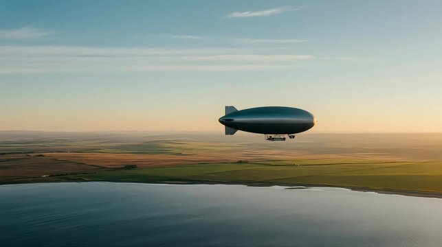 Flying blimp airship dirigible over the river at sunrise with a cloudy sky high quality cinematic videos footages